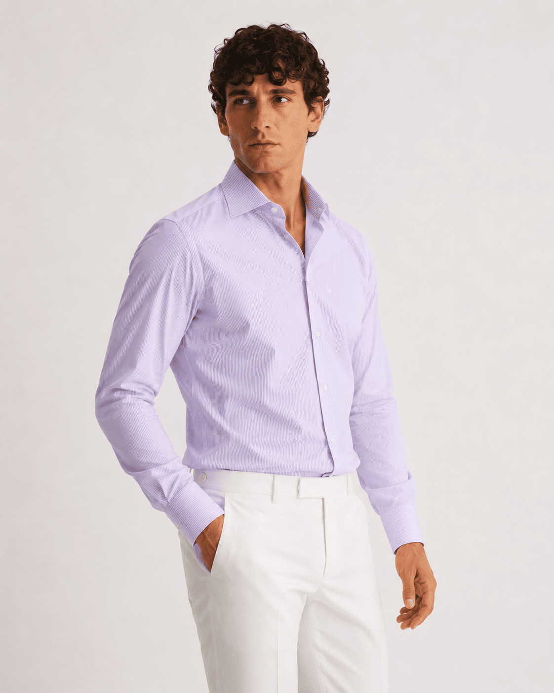 Camicia regular rigata lilla in popeline | Collo Italiano