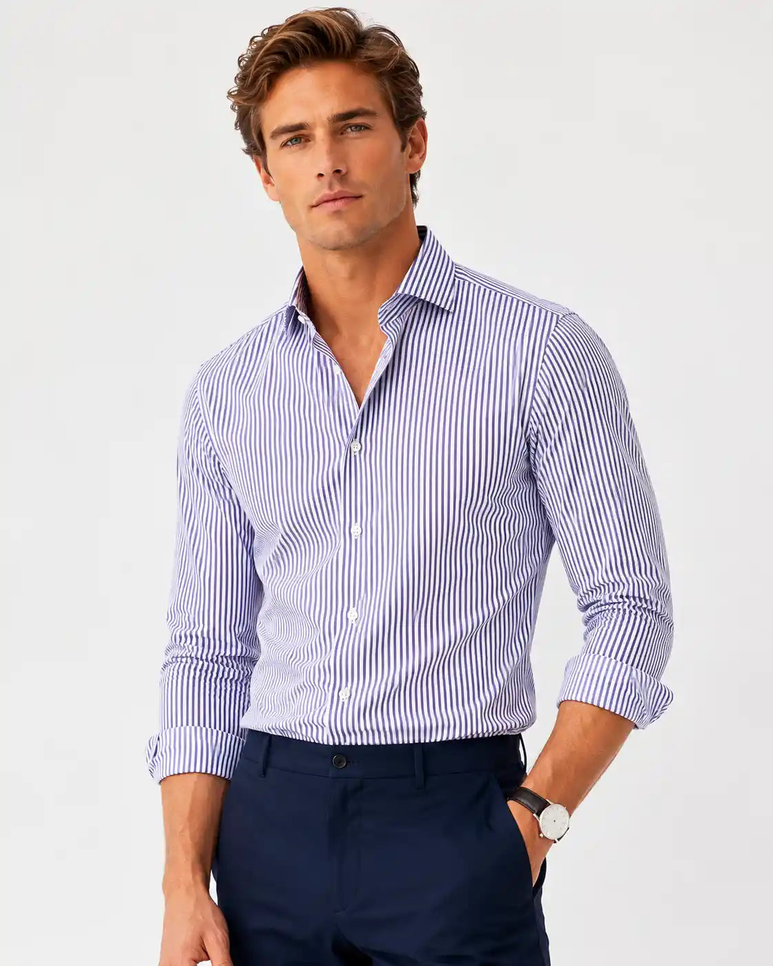 Camicia slim fit bastoncino blu in popeline | Collo Francese