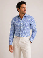 Camicia regular fantasia floreale azzurra in misto lino | Collo Mezzo Francese