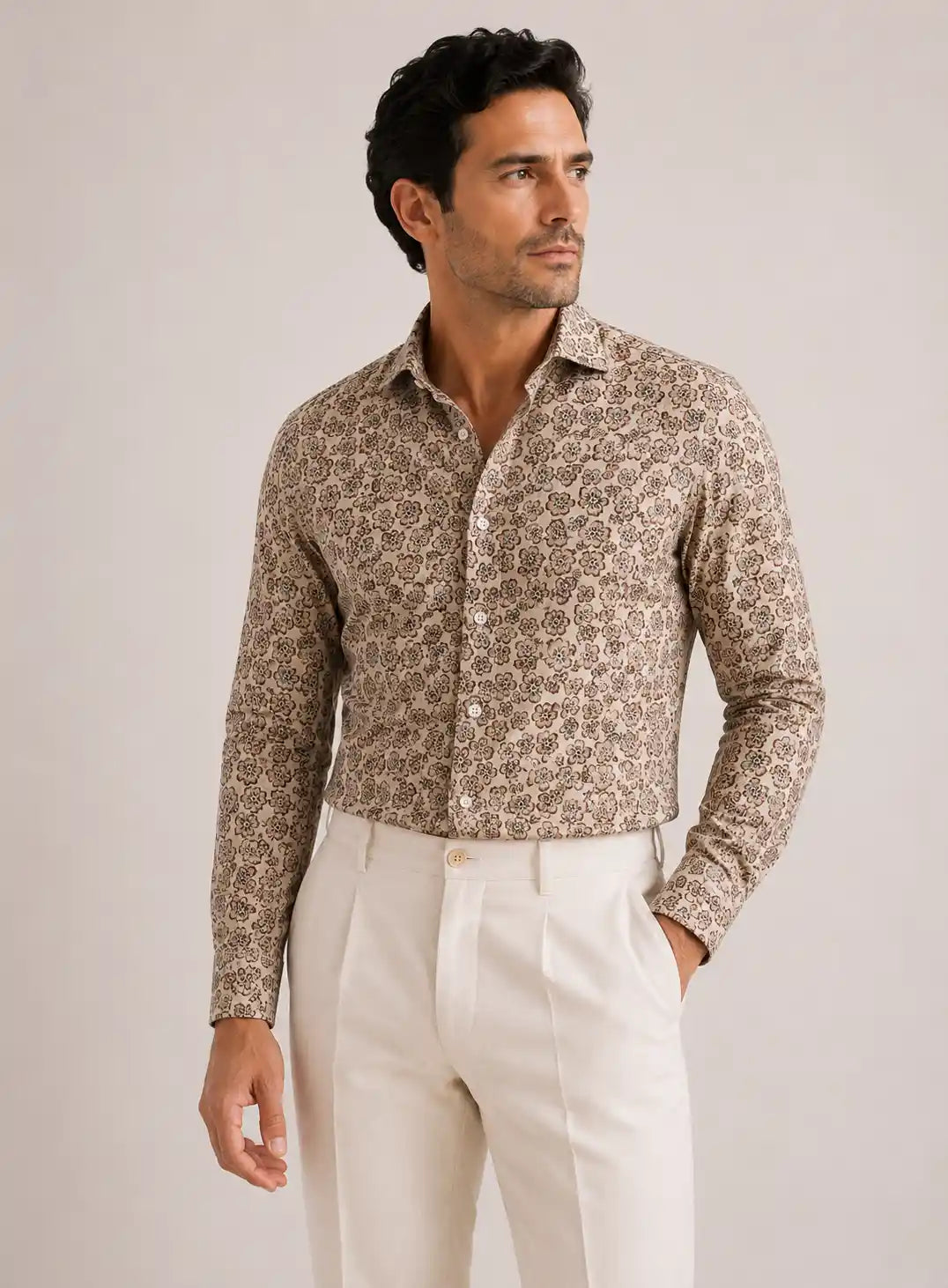 Camicia regular fantasia floreale in misto lino | Collo Mezzo Francese
