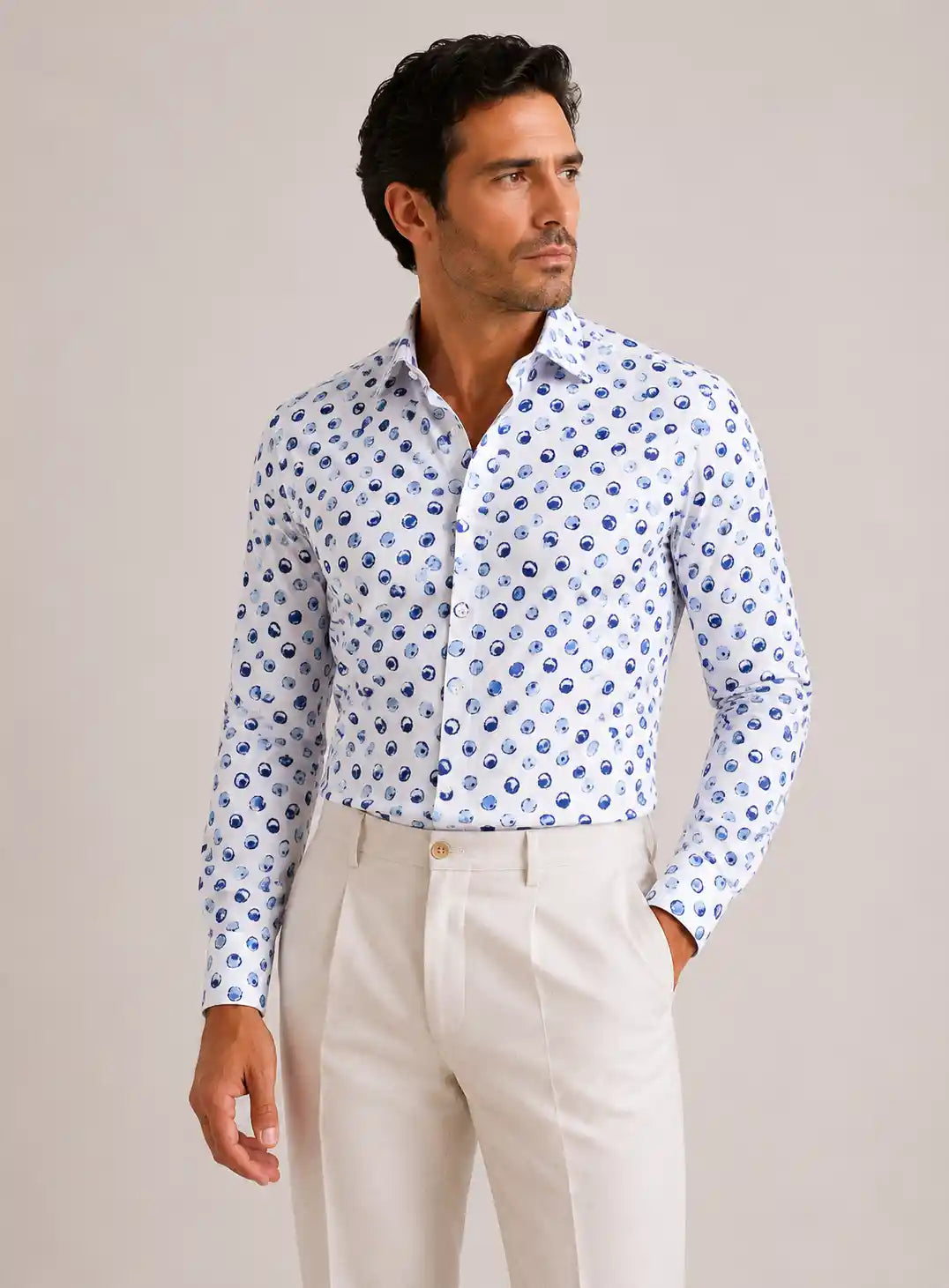 Camicia regular fantasia pois blu in cotone | Collo Coreano