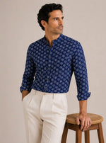 Camicia regular fantasia blu in seersucker | Collo Coreano