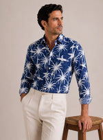 Camicia regular fantasia tropicale blu in seersucker | Collo Coreano
