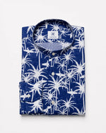 Camicia regular fantasia tropicale blu in seersucker | Collo Coreano