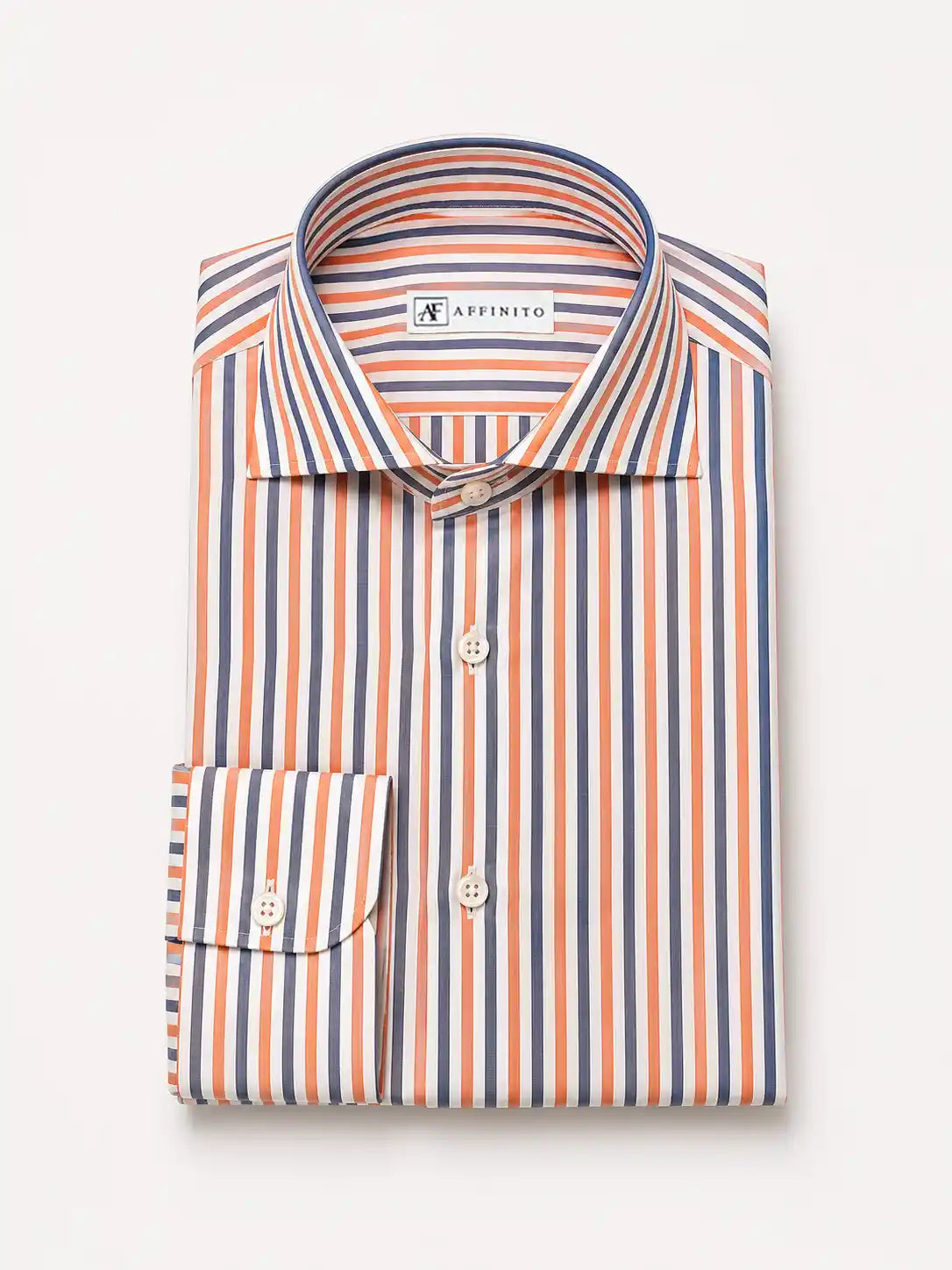 Camicia regular rigata arancio e blu in misto lino | Collo Francese