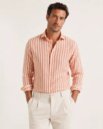 Camicia regular rigata arancio in lino | Collo Francese
