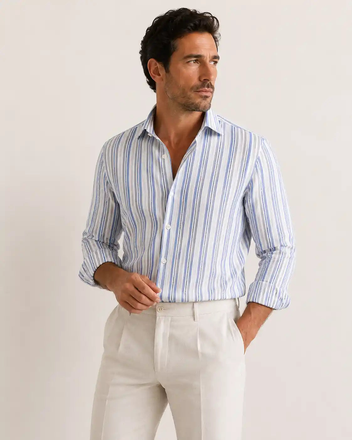 Camicia regular rigata azzurra e grigia in lino | Collo Francese