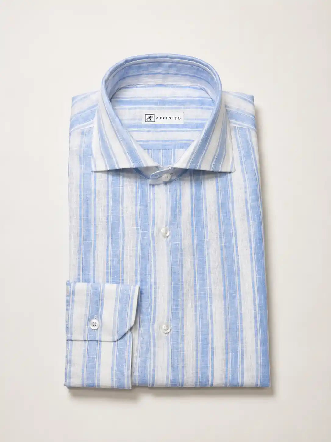 Camicia regular rigata azzurra in lino | Collo Francese