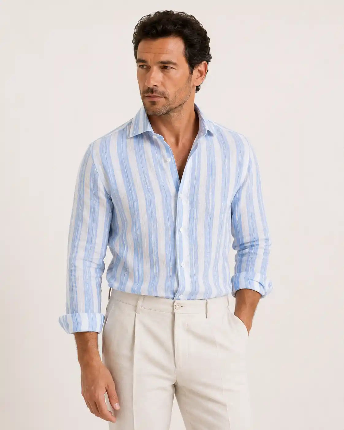 Camicia regular rigata azzurra in lino | Collo Francese