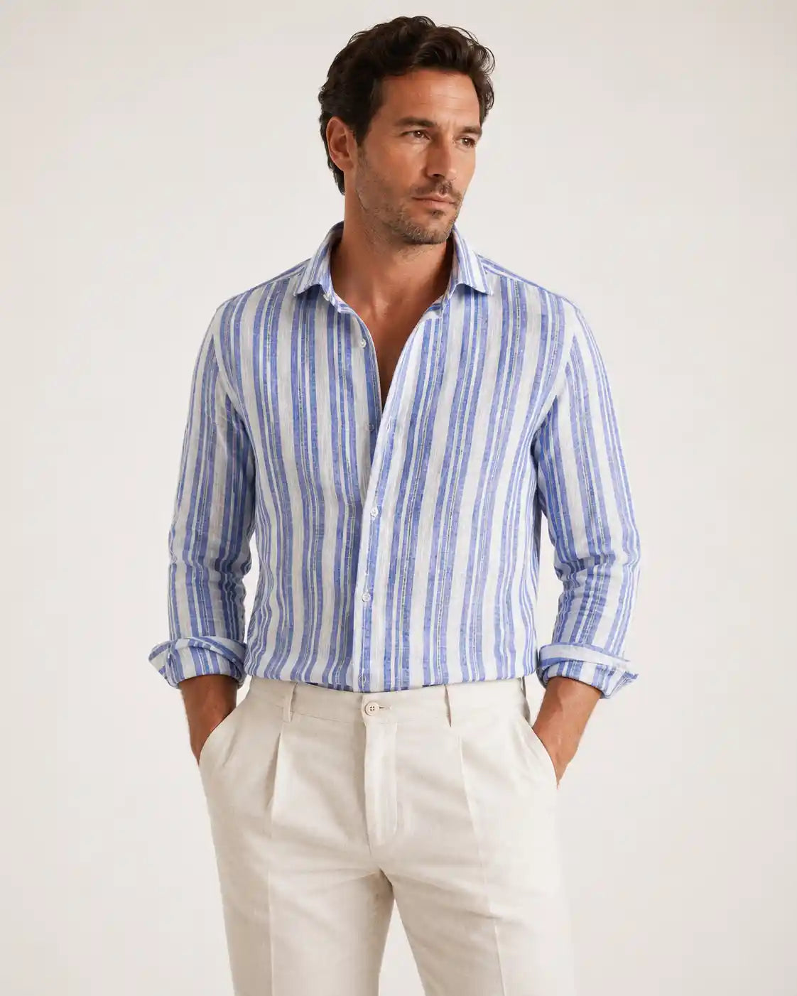 Camicia regular rigata blu in lino | Collo Francese