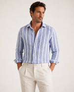 Camicia regular rigata blu in lino | Collo Francese