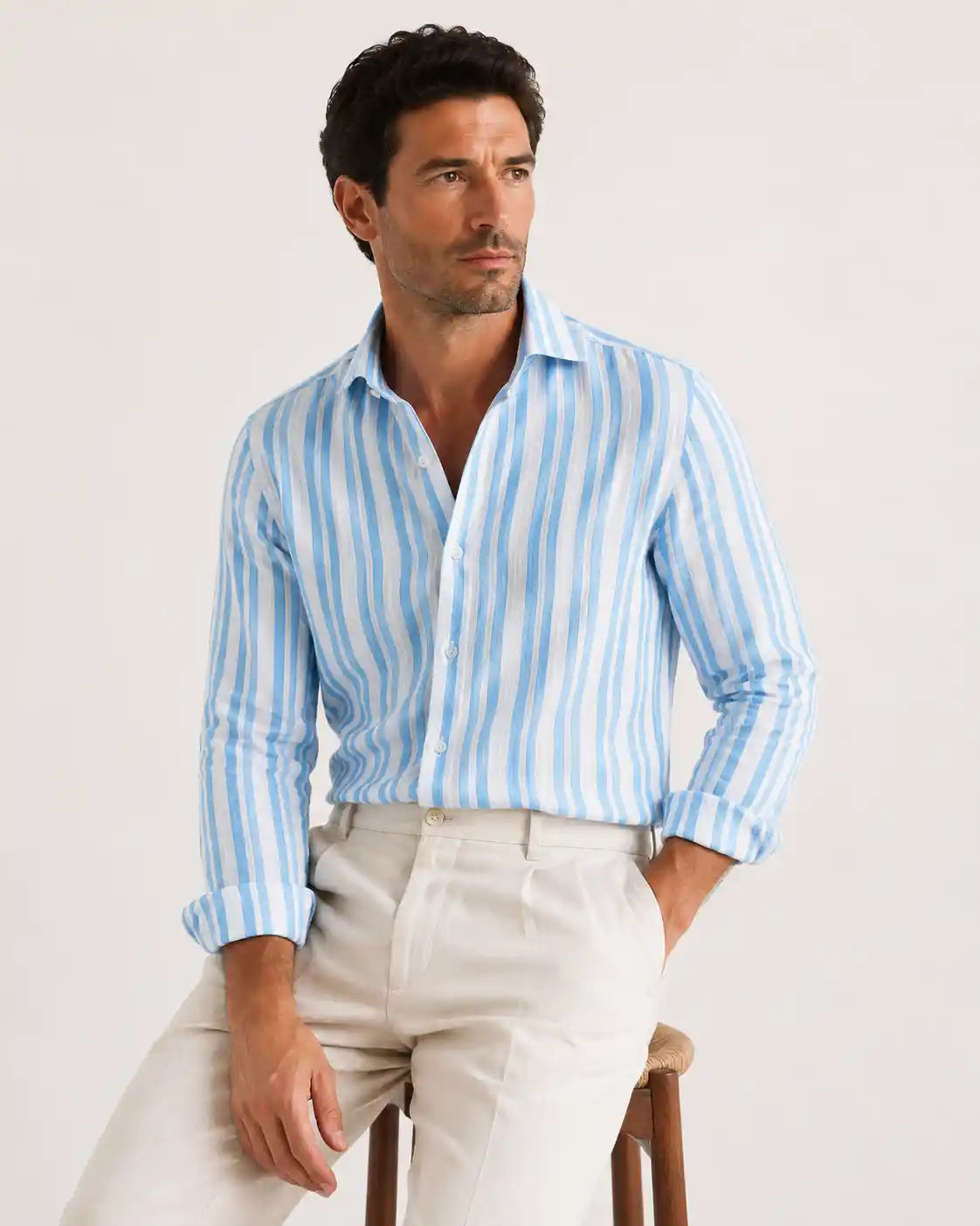 Camicia regular rigata celeste in lino | Collo Francese