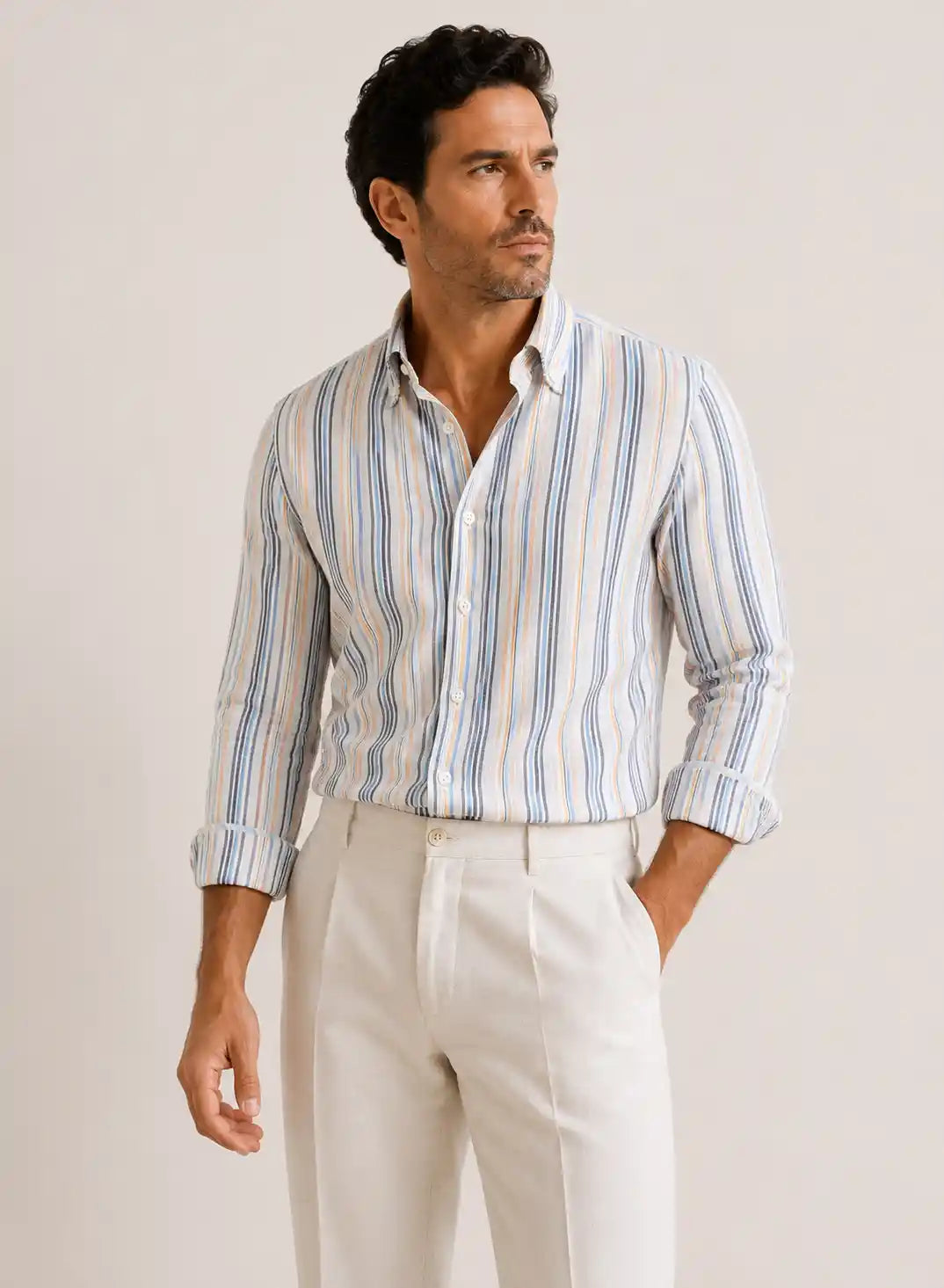 Camicia regular rigata multicolor in lino | Collo Button Down