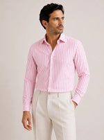 Camicia regular rigata rosa in misto lino | Collo Mezzo Francese