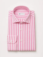 Camicia regular rigata rosa in misto lino | Collo Mezzo Francese