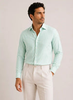 Camicia regular rigata verde acqua in lino | Collo Mezzo Francese
