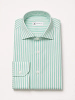 Camicia regular rigata verde acqua in lino | Collo Mezzo Francese