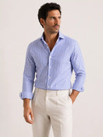 Camicia slim fit rigata azzurra in misto lino | Collo Francese