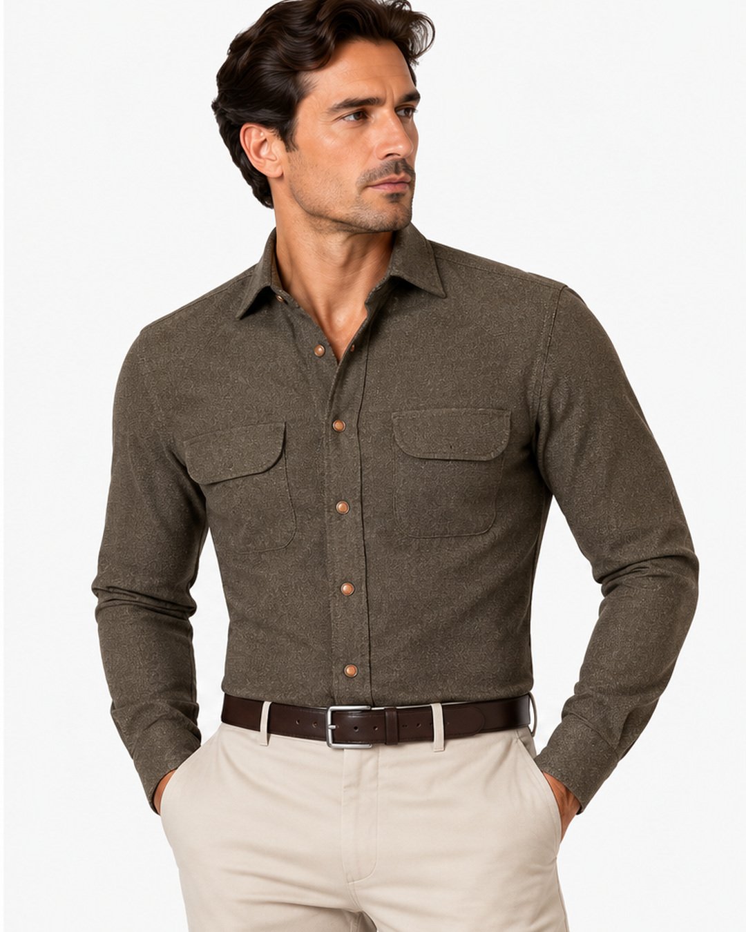 Camicia regular fit in flanella marrone con tasche a pattina Affinito indossata con pantalone beige