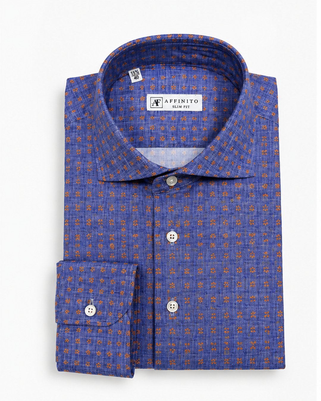 Camicia slim active blu melange con microfantasia arancio e collo francese Affinito, piegata su fondo bianco