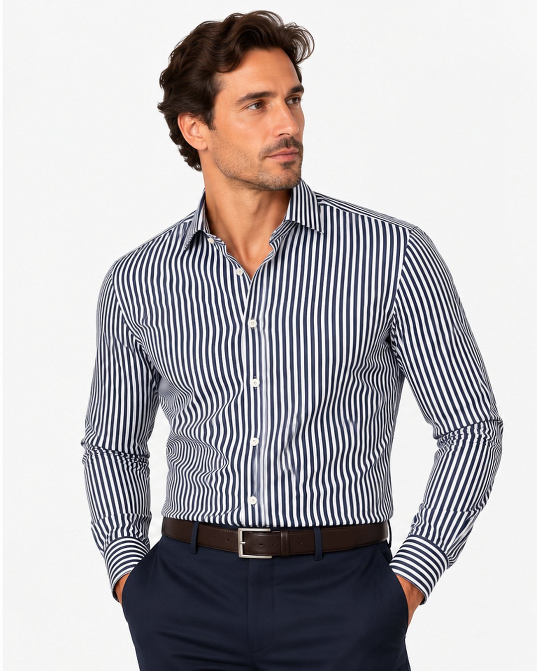 Camicia slim fit a righe blu navy Affinito indossata con pantalone blu