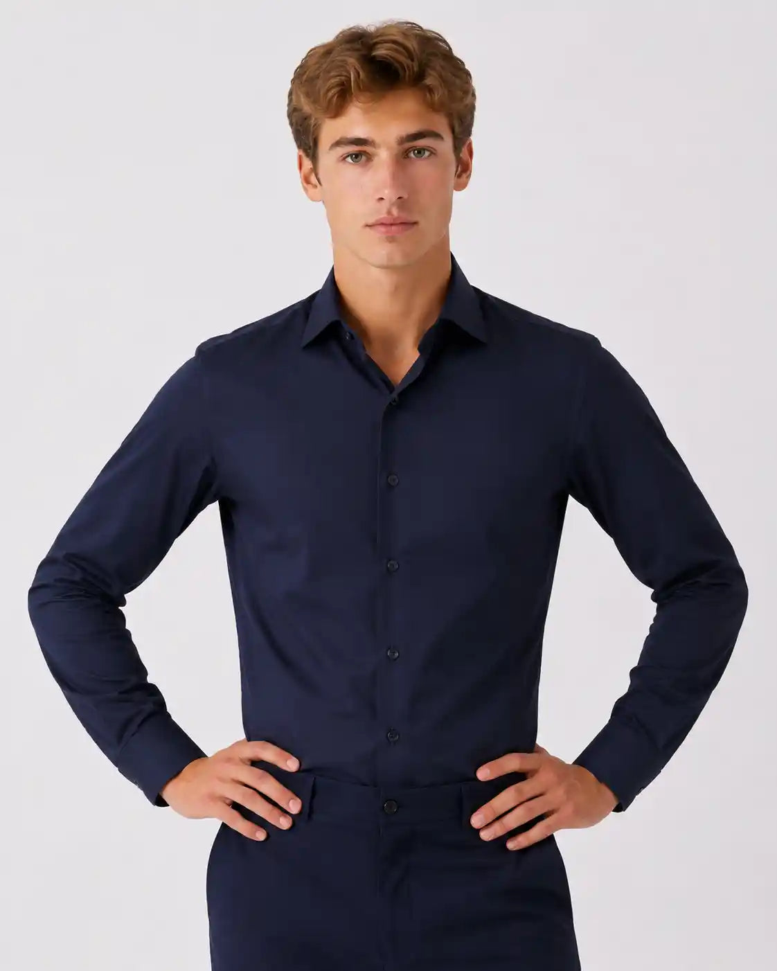 Camicia slim fit blu in twill | Collo Francese