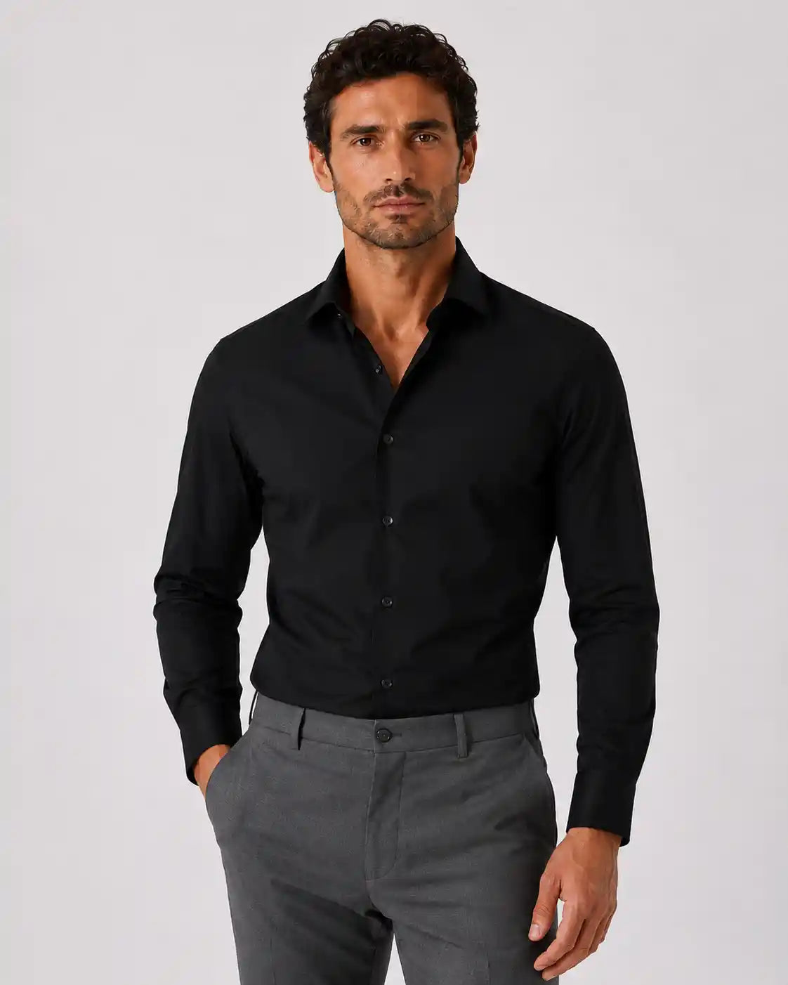 Camicia slim fit nera in popeline | Collo Francese