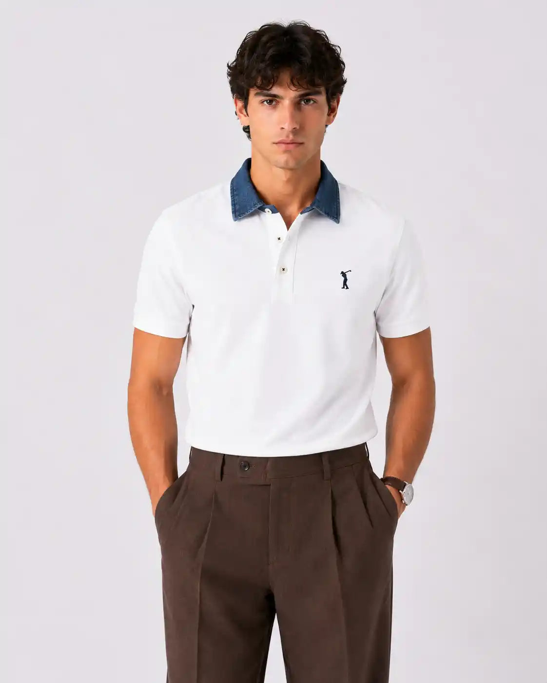 Polo mezza manica con collo jeans | Bianca