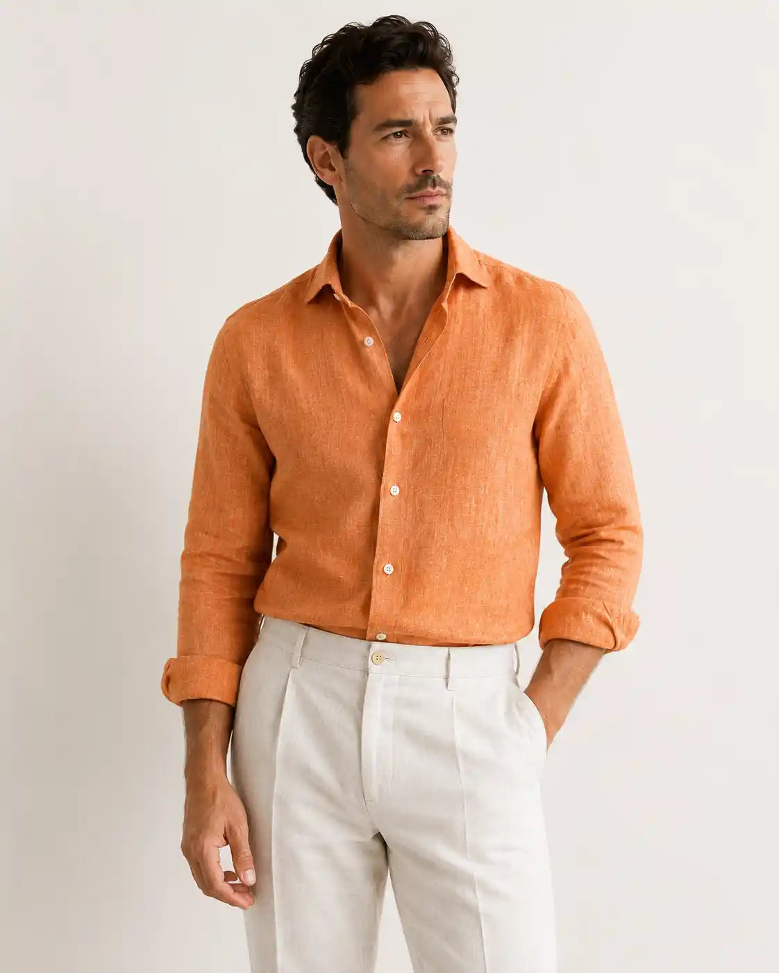 Camicia regular arancio in lino | Collo Francese
