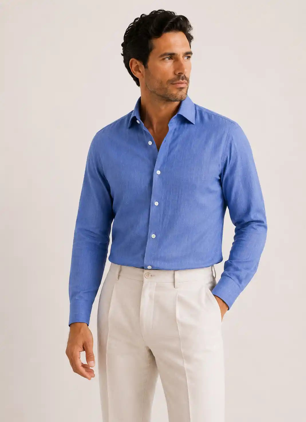 Camicia regular azzurro melange in lino | Collo Mezzo Francese