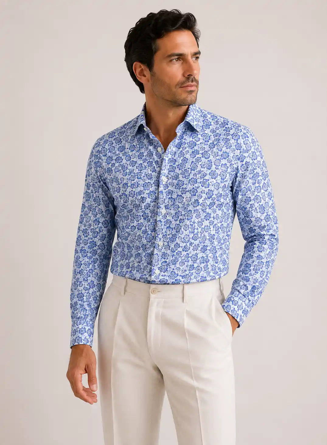 Camicia regular fantasia floreale azzurra in misto lino | Collo Mezzo Francese