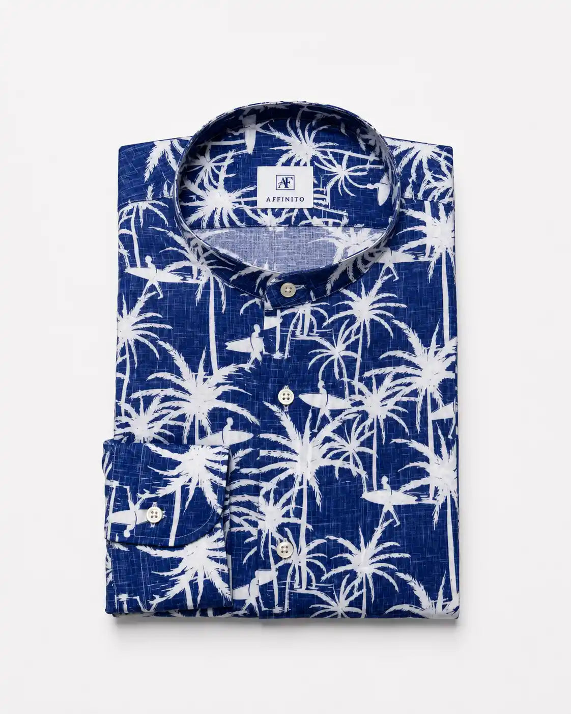 Camicia regular fantasia tropicale blu in seersucker | Collo Coreano