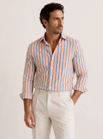 Camicia regular rigata arancio e blu in misto lino | Collo Francese
