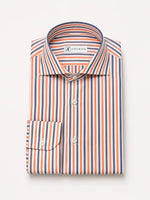 Camicia regular rigata arancio e blu in misto lino | Collo Francese