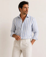 Camicia regular rigata azzurra e grigia in lino | Collo Francese