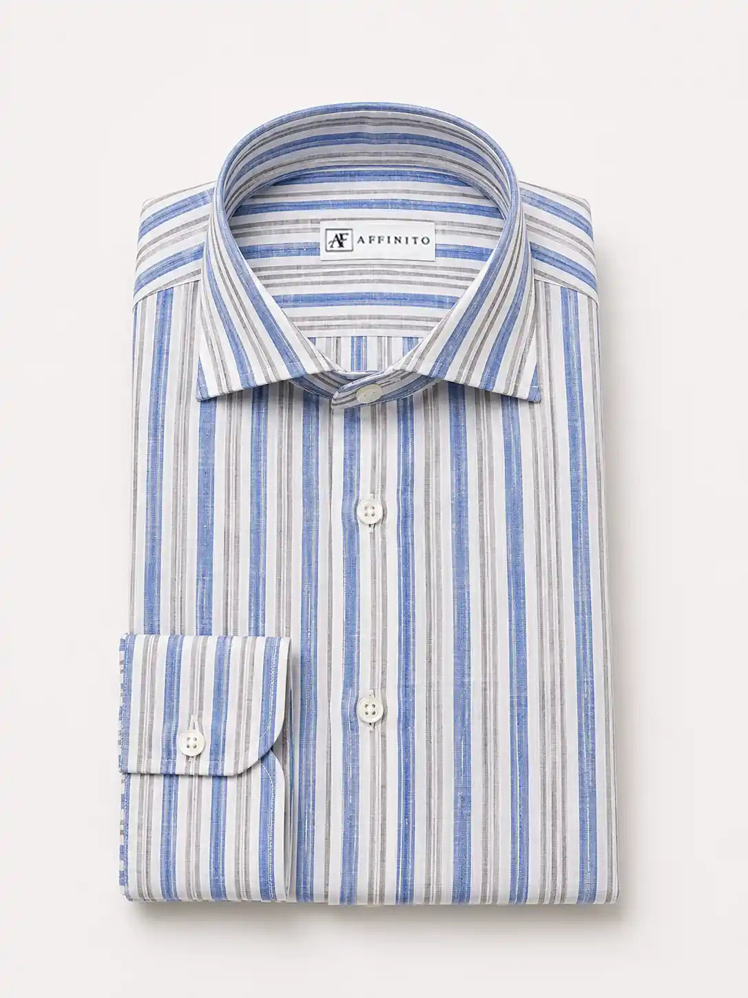 Camicia regular rigata azzurra e grigia in lino | Collo Francese