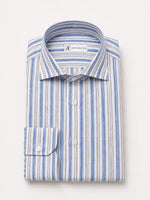Camicia regular rigata azzurra e grigia in lino | Collo Francese