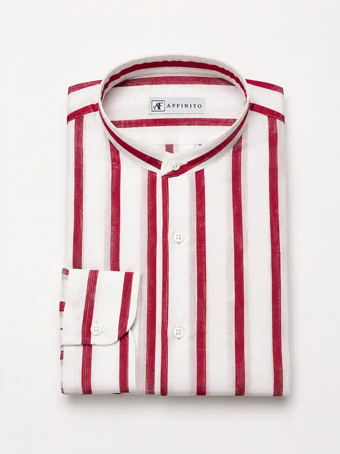 Camicia regular rigata bianca e bordeaux in seersucker | Collo Coreano