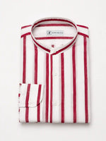 Camicia regular rigata bianca e bordeaux in seersucker | Collo Coreano