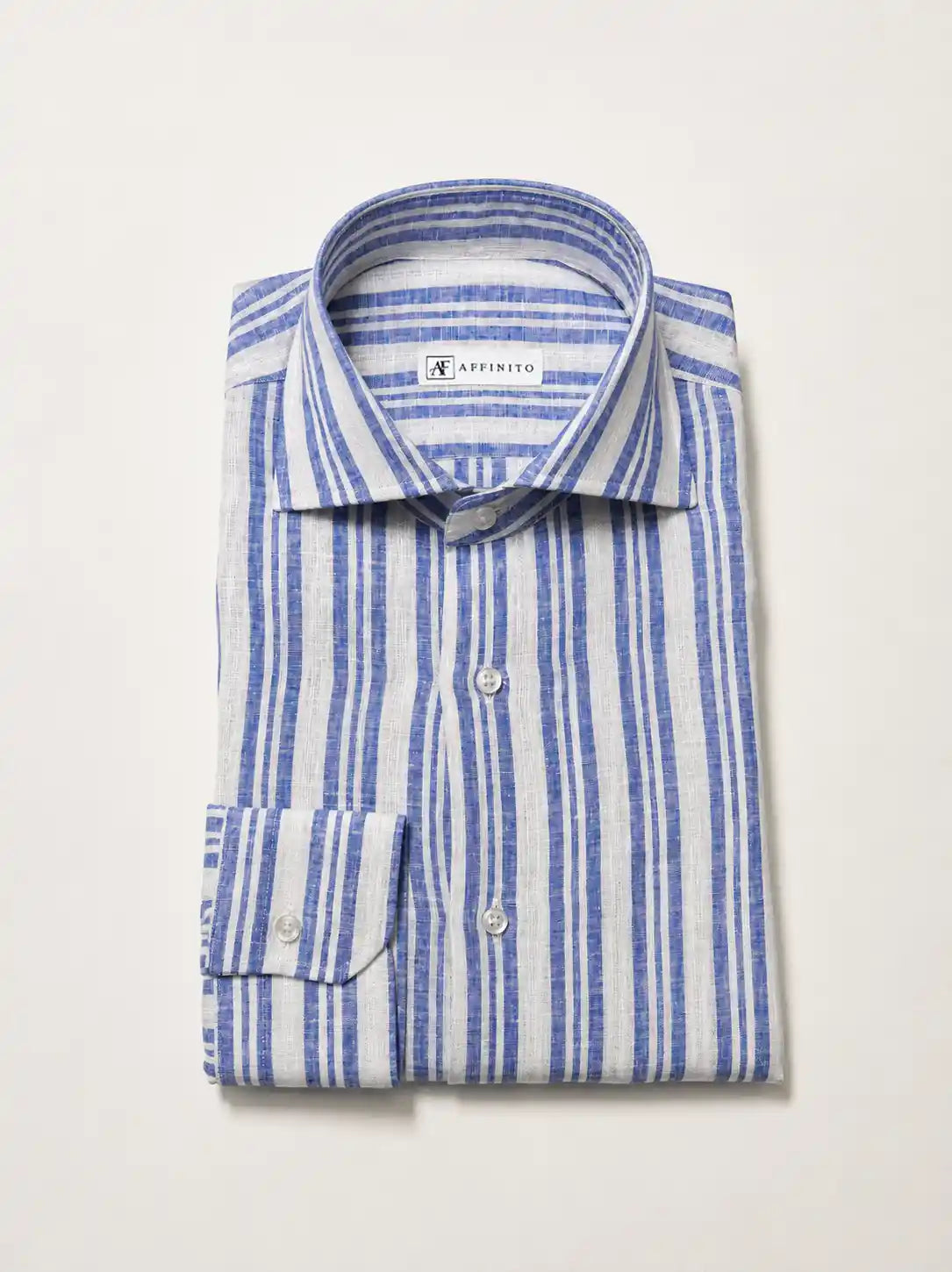 Camicia regular rigata blu in lino | Collo Francese