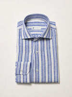Camicia regular rigata blu in lino | Collo Francese