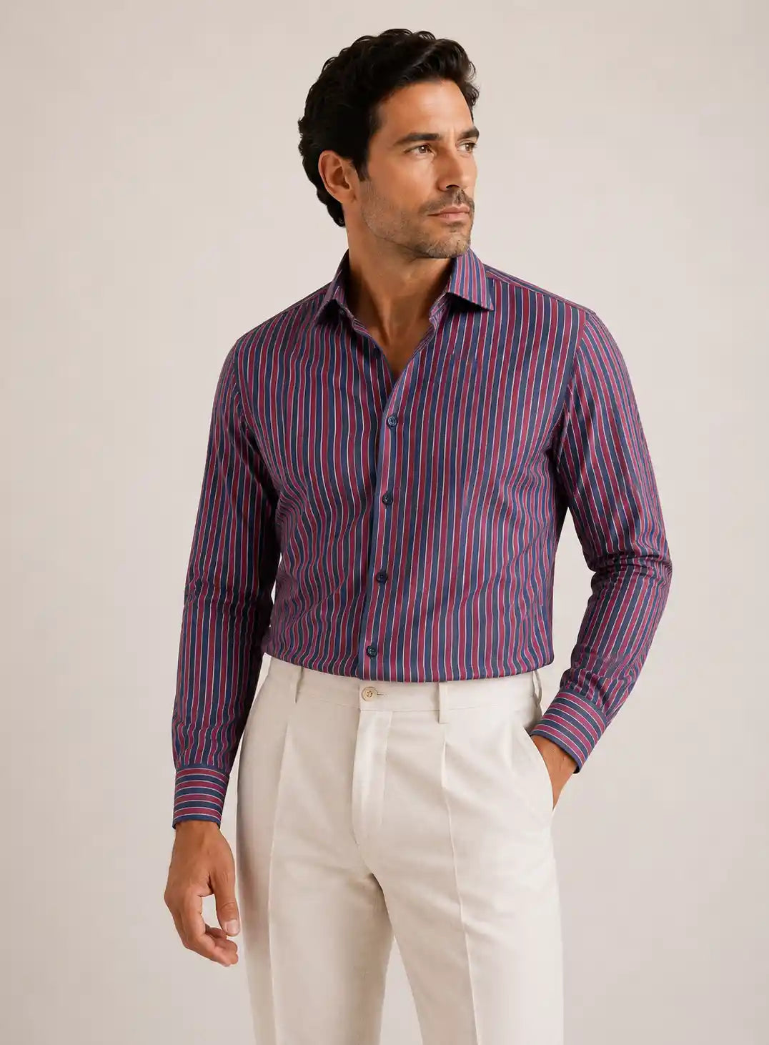 Camicia regular rigata bordeaux e blu in misto lino | Collo Mezzo Francese