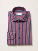 Camicia regular rigata bordeaux e blu in misto lino | Collo Mezzo Francese