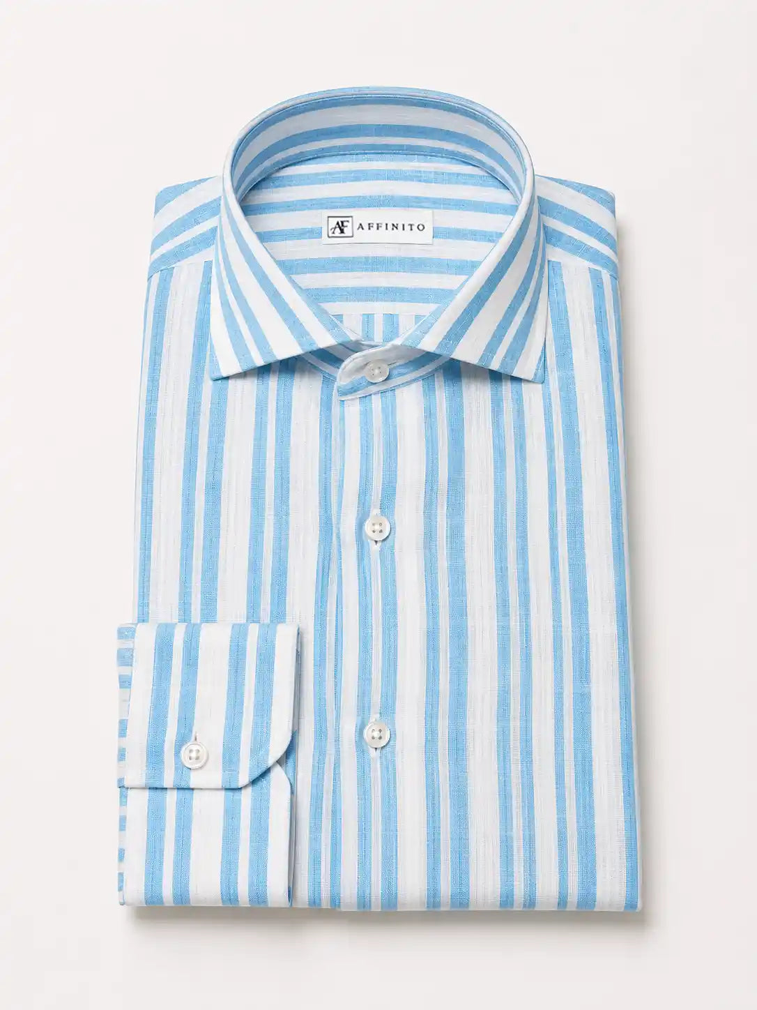 Camicia regular rigata celeste in lino | Collo Francese