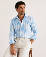 Camicia regular rigata celeste in lino | Collo Francese
