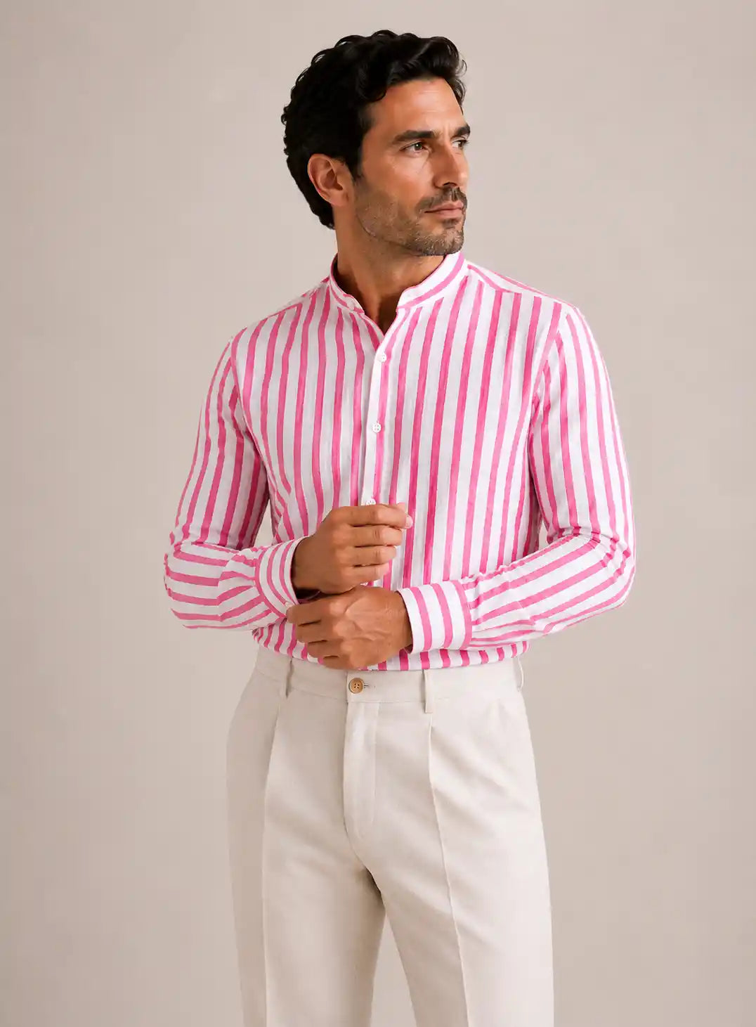 Camicia regular rigata fucsia in seersucker | Collo Coreano