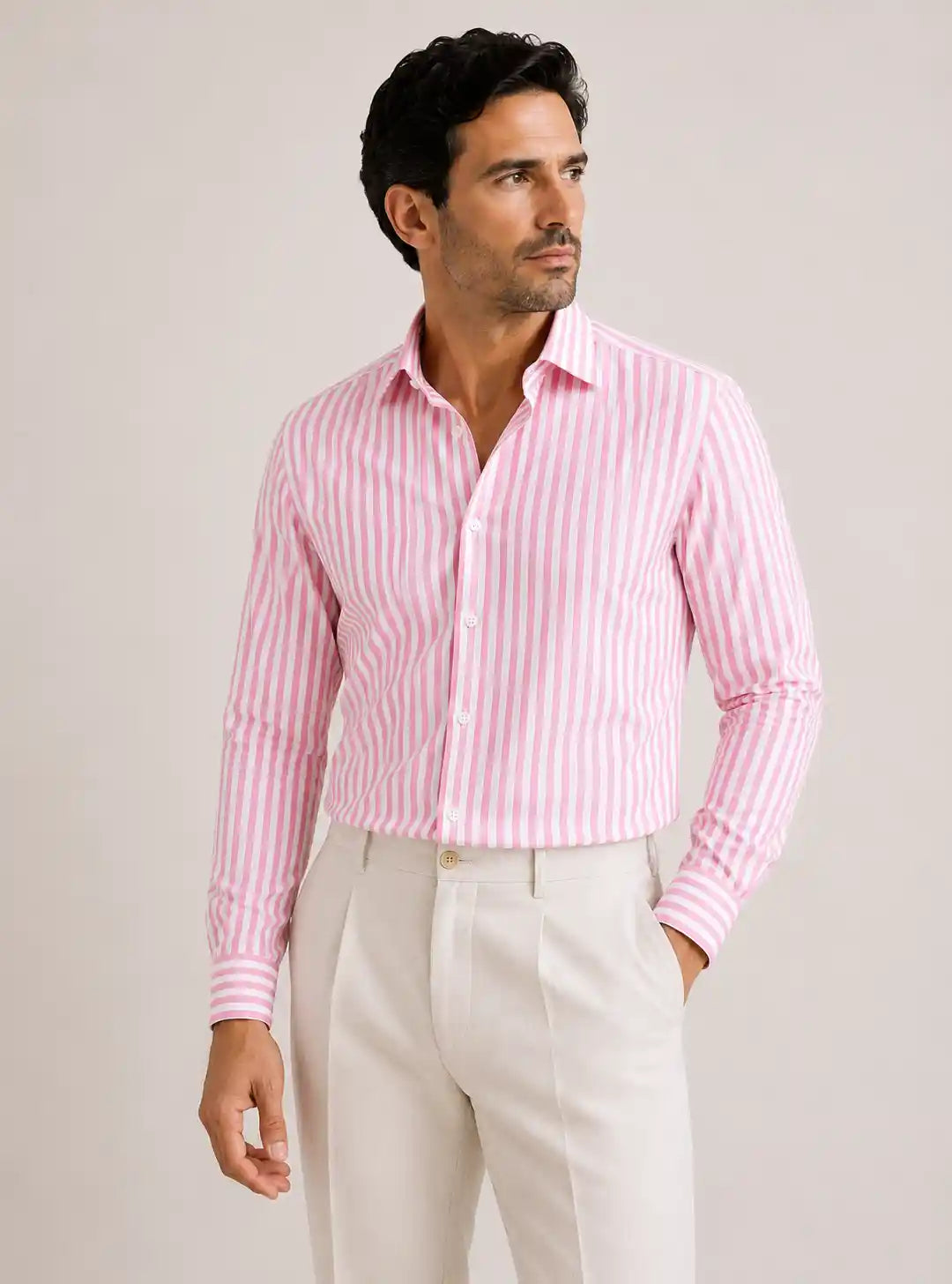Camicia regular rigata rosa in misto lino | Collo Mezzo Francese