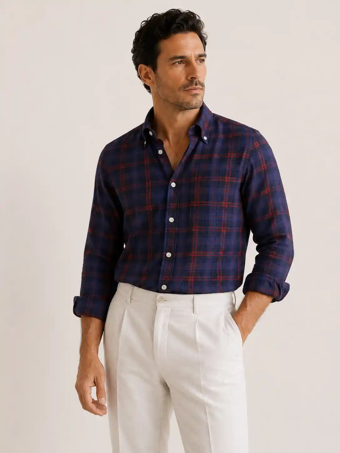 Camicia regular tartan blu e bordeaux in lino | Collo Button Down