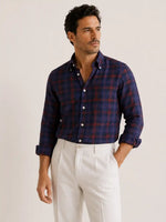 Camicia regular tartan blu e bordeaux in lino | Collo Button Down