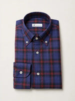 Camicia regular tartan blu e bordeaux in lino | Collo Button Down